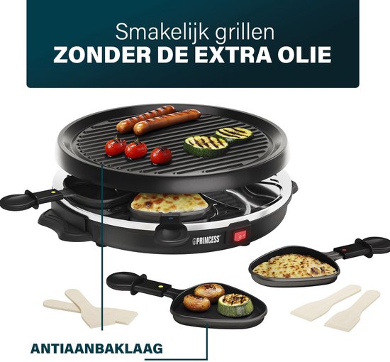 Princess raclette grill met gegrilde worstjes, courgette en tomaat. Inclusief 6 pannetjes.