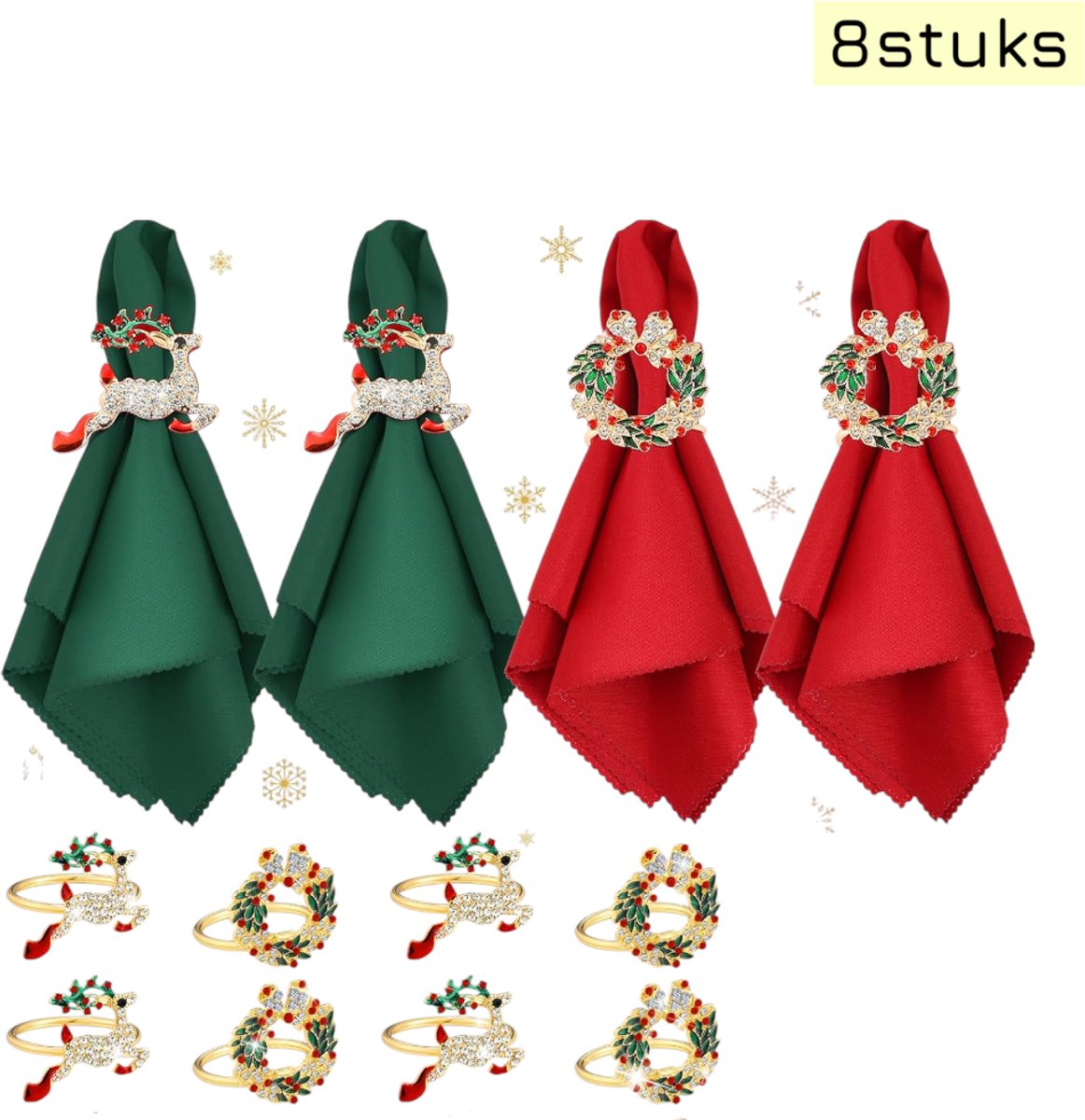 8 stuks - Kerstversieringen - Servetringen - Rendier en kerstkrans - Voor feesttafelversiering - Hotel- en woondecoratie - Geschikt voor Kerstmis - Rood + groen