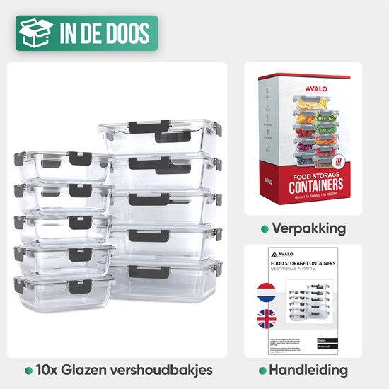 Avalo Boîtes de conservation Glas - Récipients de Prep de repas - Récipients de congélation - Avec couvercle - 10 pièces 1060 ml / 370 ml