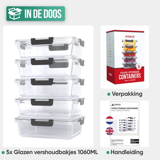 Avalo Boîtes de conservation Glas - Récipients de Prep de repas - Récipients de congélation - Avec couvercle - 5 pièces 1060 ml
