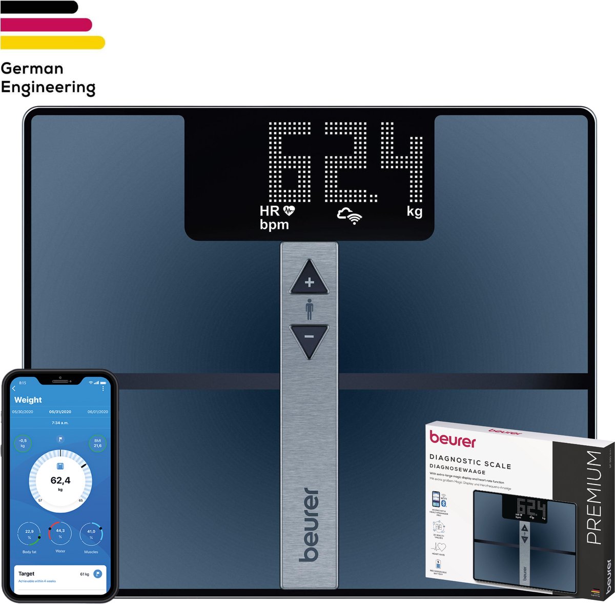Beurer BF 980 WIFI Personenweegschaal - Bluetooth® - Uitgebreide lichaamsanalyse - BMI/BMR/AMR - Hartslagmeting - 35 x 30 cm - XXL verlicht display - Tot 180 kg - 8 Gebruikers + herkenning - HealthManager Pro app - Incl. USB-C kabel - 5 Jaar garantie