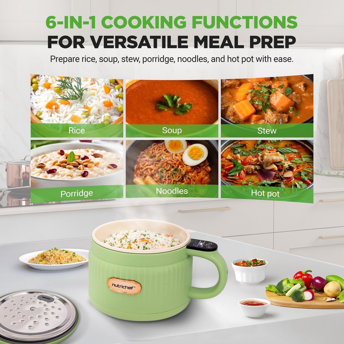 NutriChef Rijstkoker - 1,6L Draagbare Elektrische Multicooker- 6 Kookfuncties - Rijst, Soep, Stoofpot, Pap & Meer - Groen – foto 3