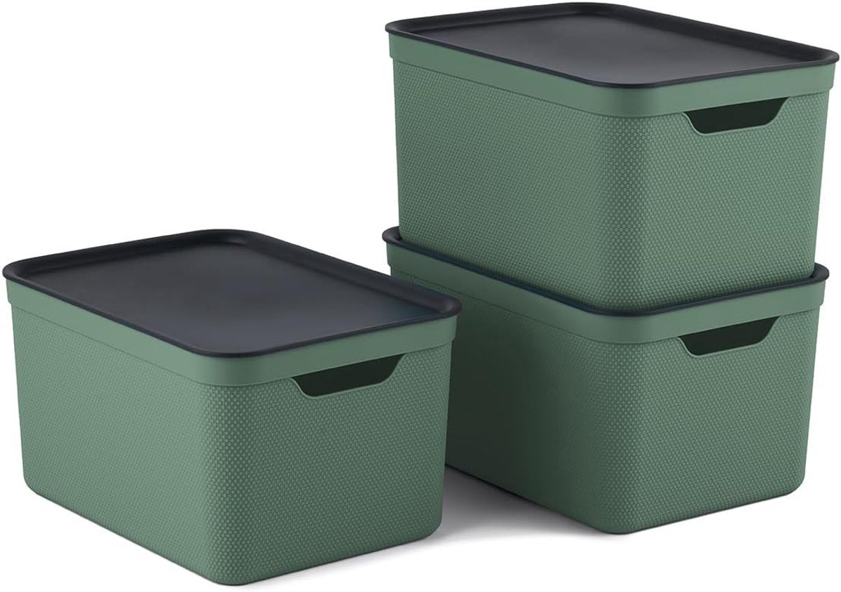 Stunq® Stijlvolle Set van 3 Opbergdozen met Deksel en Handige Handgrepen, 16 Liter