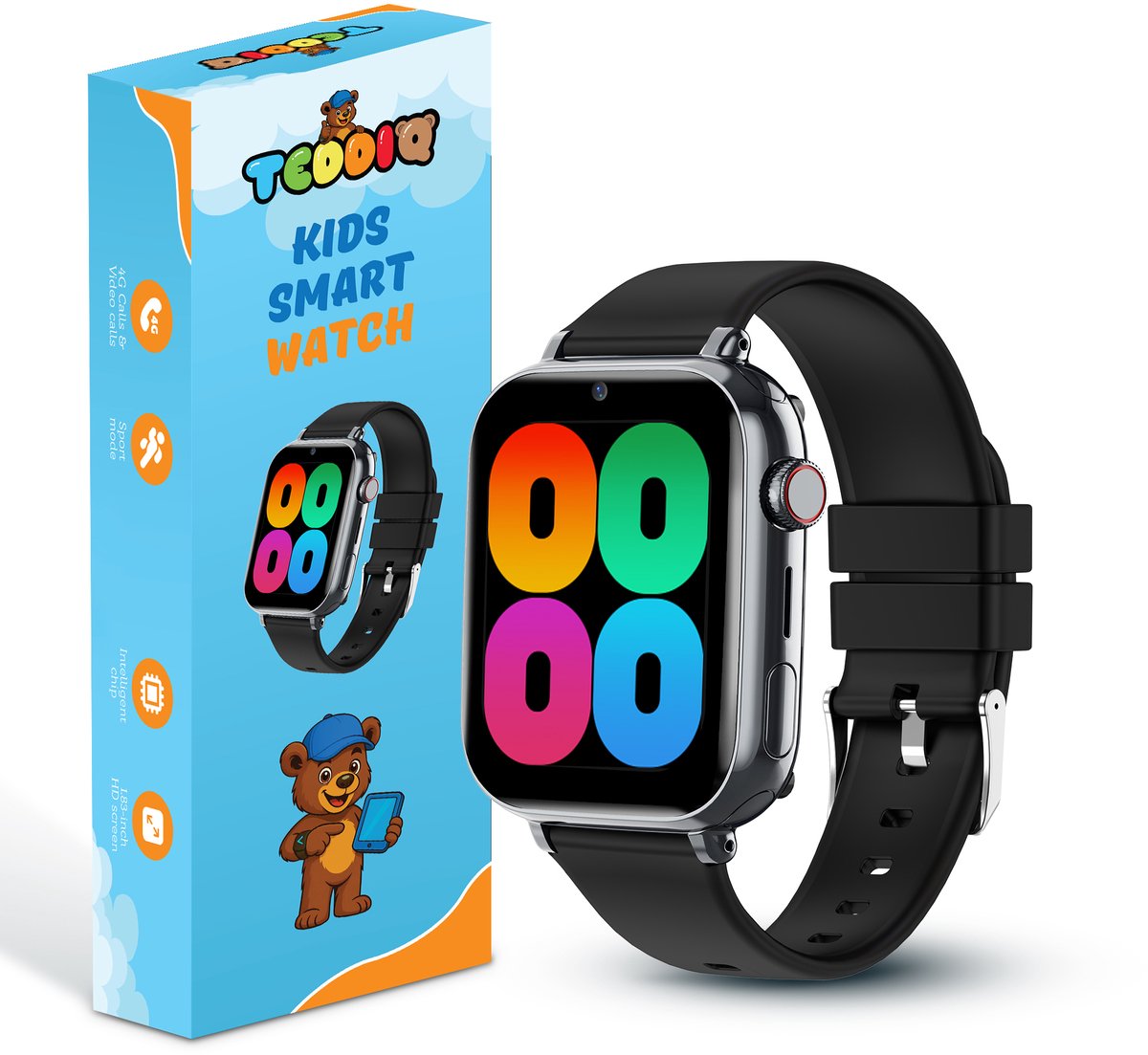 TeddiQ 4G Smartwatch - GPS Kinder Smartwatch - Kinderhorloge - Zwart - Smartwatch Kind - SOS knop - Smartwatch Kinderen