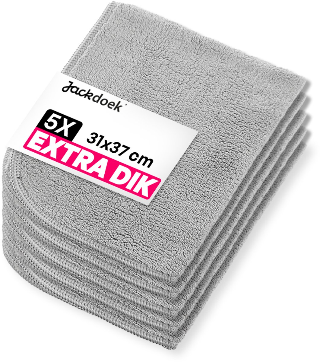 Jackdoek Classic Microvezeldoekjes - 5 pack - 31x37cm - Extra dik - Grijs - Streeploos, Sterk absorberend en Wasbaar - Voor Glas, Tegels, Keuken, Badkamer, Auto, Beeldscherm