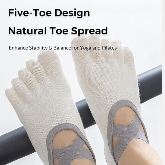 1Pack-Yoga Sokken Antislip Dames -Pilates Sokken - Five Toe Sokken- Ademende Katoenen Pilates Ballet Sokken- voor Dans, Workout, Fitness, Hardlopen-Wit — afbeelding 5