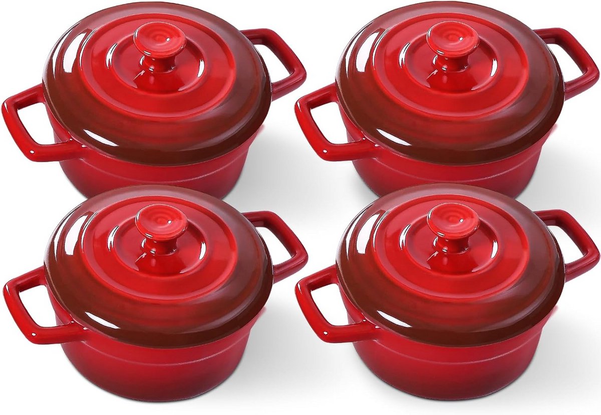Set van 4 Mini Cocottes - 350 ml Keramische Pannetjes voor Oven en Magnetron - Rood