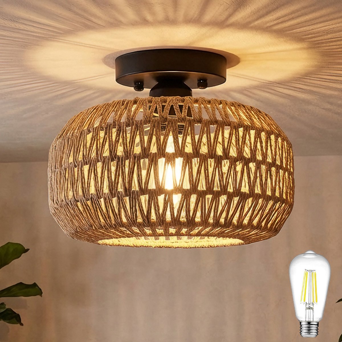 MUPOO Bamboe Plafondlamp - Ø 28 cm - Plafondlampe in Wonen - Rotan Plafonnière - Lampe de plafond met één LED-lamp - Warm wit - voor Hal - Slaapkamer - Entree - Woonkamer goud