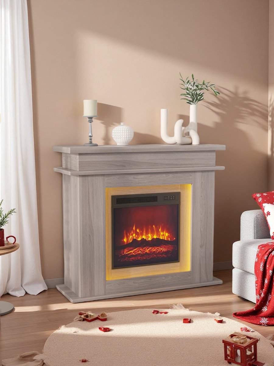Elektrische haardkast,Haardkast 101x34,5x88cm Houten kast, vrijstaand, verstelbare LED-vlamhelderheid, Winter Kerst haardkast voor woonkamer, Grijs (Verdeeld in 2 pakketten voor verzending)