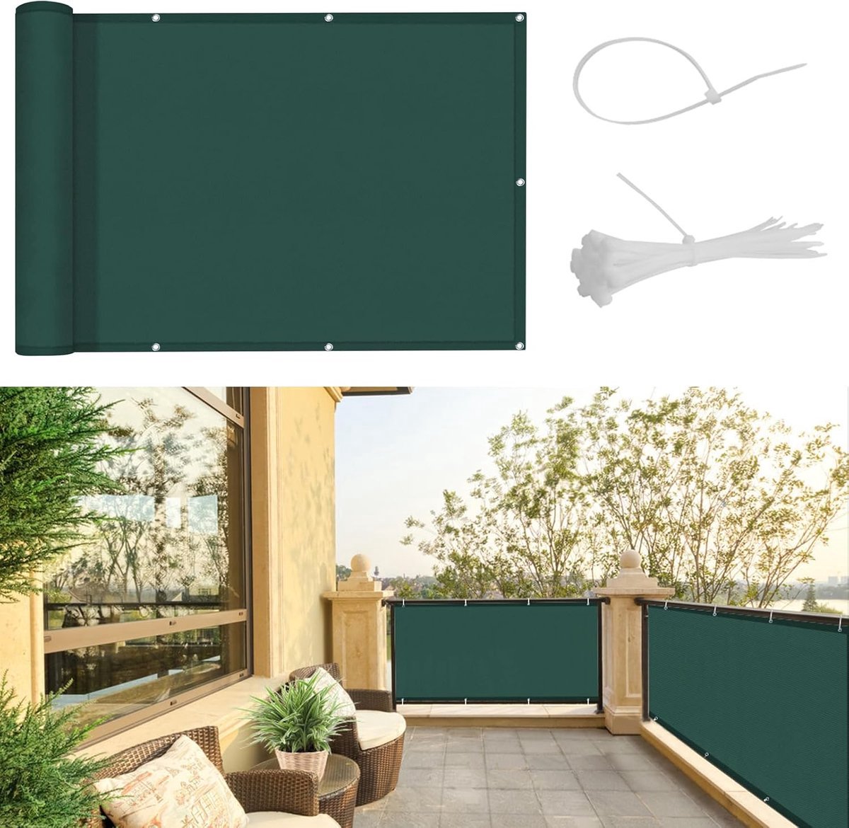 Stunq® Balkon inkijkbescherming 90x500cm balkonhoes PES UV-werende balkonbekleding weerbestendig, met kabelbinders, groen