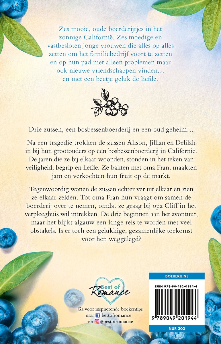 Couverture de livre avec des myrtilles, des feuilles et le texte "Six jolies fermes anciennes dans le sud de la Californie".