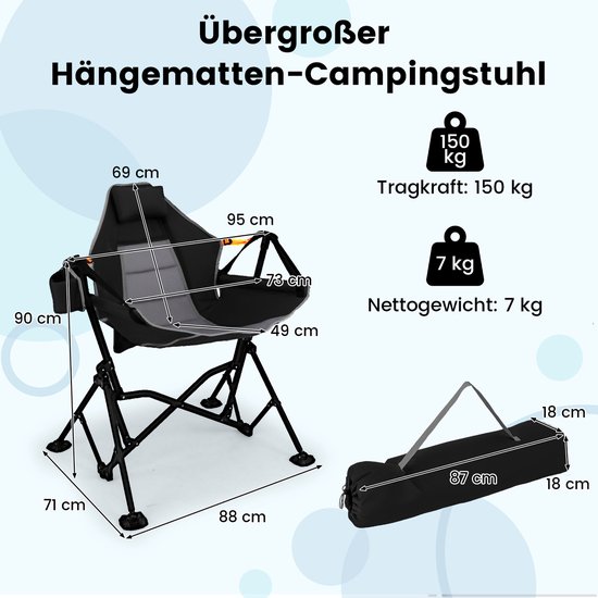 COSTWAY Opvouwbare campingstoel, klapstoel met verstelbare rugleuning, hoofdsteun en bekerhouder, vouwstoel, draagvermogen 150 kg, inclusief draagtas (zwart) van Costway — afbeelding 2