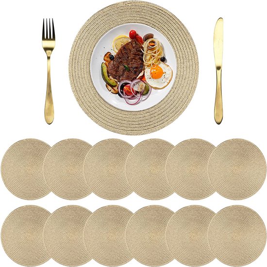 Gigicial Sets de Table Dorés - Sets de Table Ronds Dorés - Tissage Haut de Gamme & Protecteur de Table Résistant à la Chaleur - 12 - Pour Fêtes de Noël Et Réunions Chaleureuses en Or