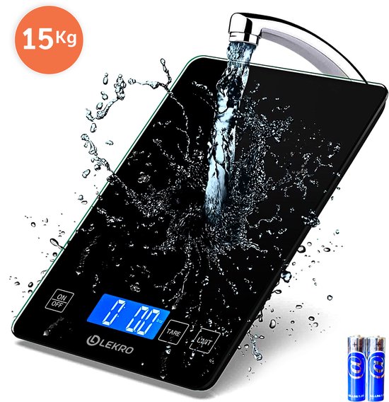 Lekro Digitale Precisie Keukenweegschaal – Weegschaal Keuken - 1gr-15kg – Tarra Functie - Zwart