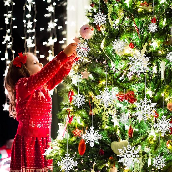 Kerstdecoratie, 24 sneeuwvlokken kerstboomversiering, sneeuwvlokken