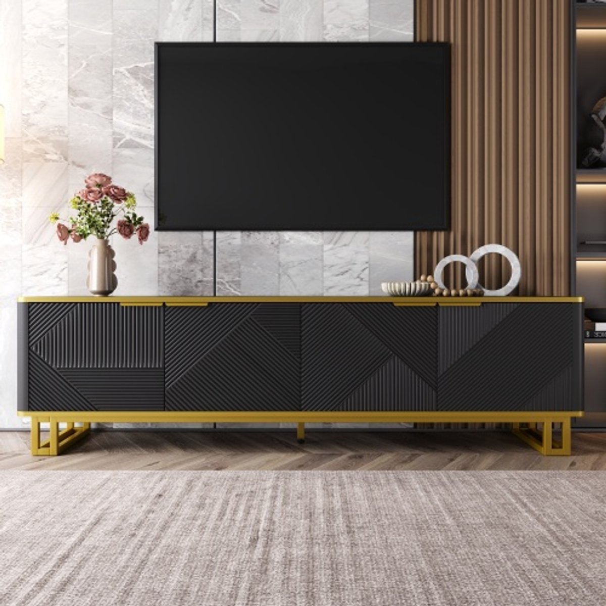 Gutent Tv-meubel met vier deuren en geometrische structuur-160 cm breed-in een uniek design Zwart