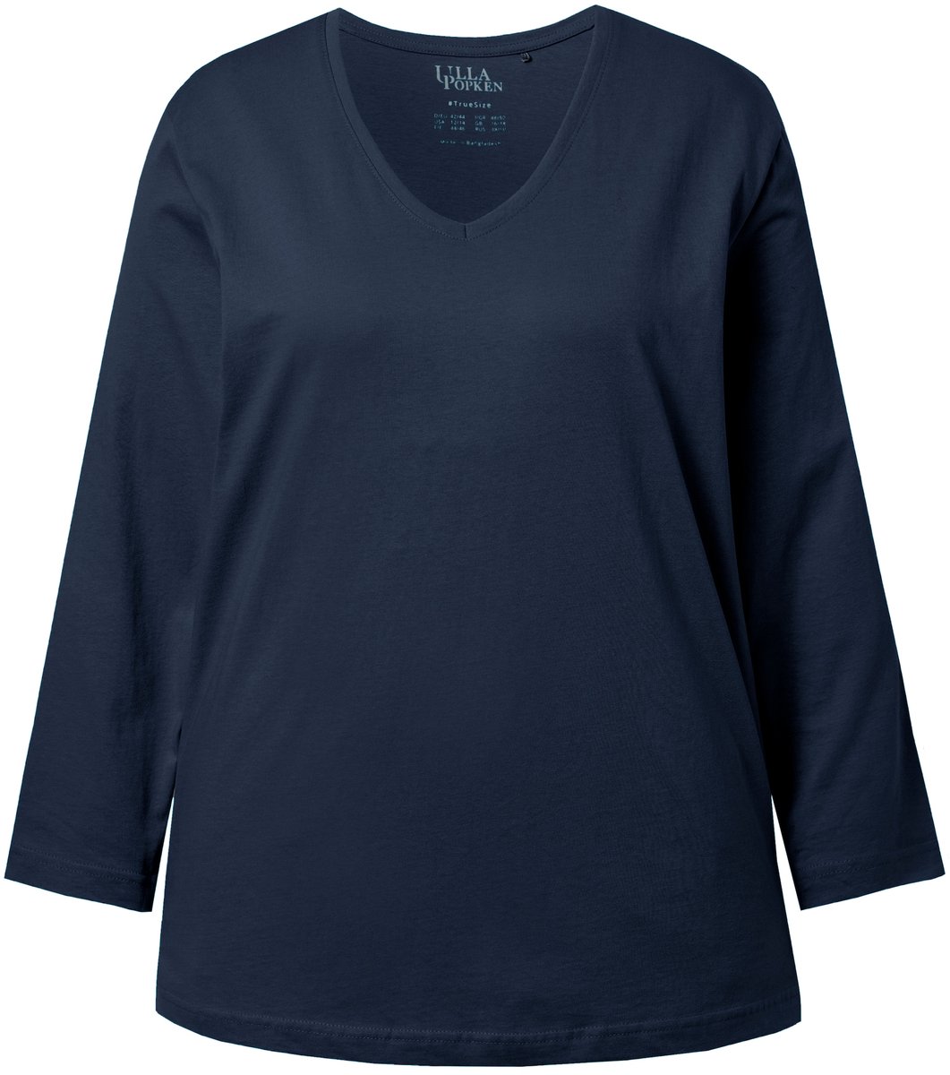 Ulla Popken - Dames - Shirt V-hals relaxed lange mouw - Marine - Maat 66+