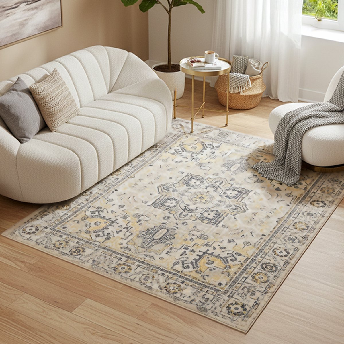 Tapiso ASH Vloerkleed Beige Grijs Vintage Design Laagpolig Antislip Tapijt Voor Woonkamer Slaapkamer en Hal - 80x150