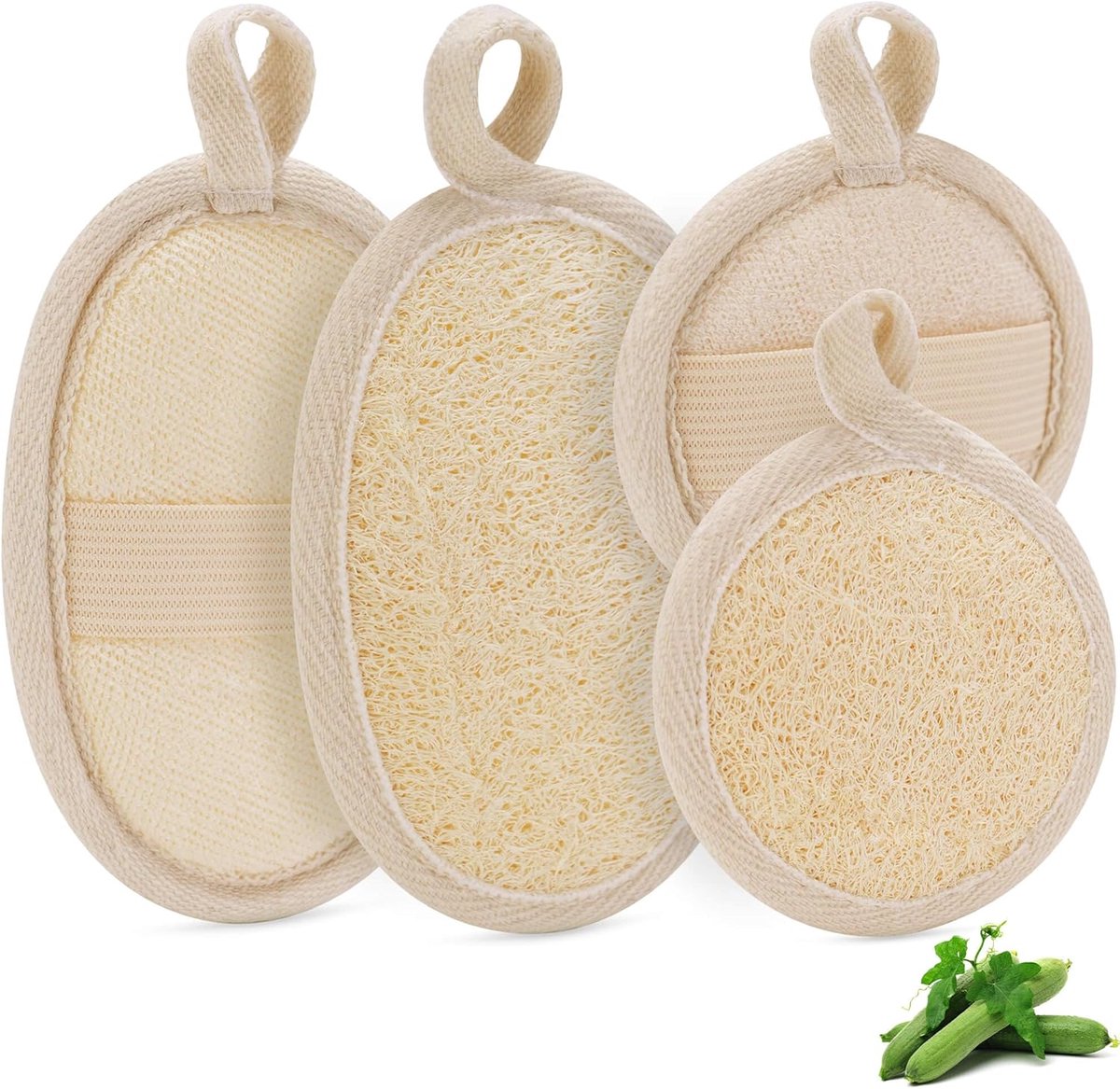 Daity Deze set bevat 4 exfoliërende sponzen - 2 exfoliërende loofah-sponzen voor onder de douche en 2 exfoliërende loofah-sponzen voor het gezicht. Ze zijn gemaakt van natuurlijke loofah en badstof en zijn geschikt voor baden en gezichtsreiniging.