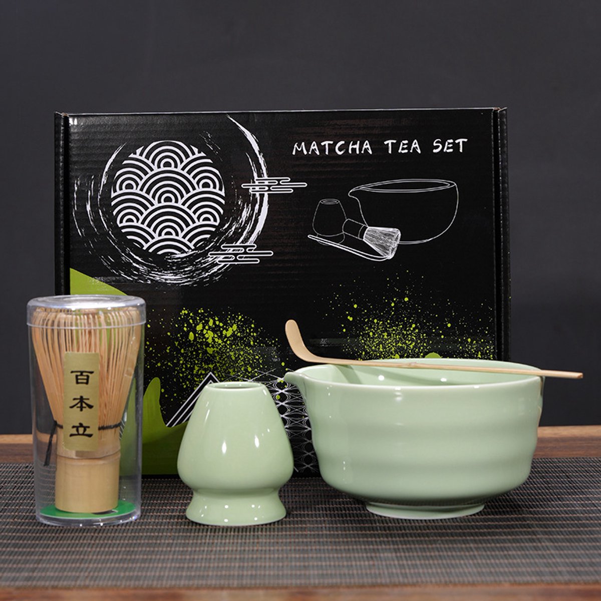 4-delige Matcha Theeset – Keramische Matcha Kom Met Gietmond, Bamboe Bezem En Houder, Matcha Lepel – Klassiek Geschenk, Groen – Voor Theeceremonies