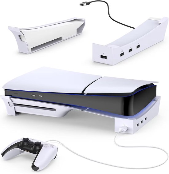 Witte horizontale standaard met 4 USB-poorten voor PS5 console, met controller.