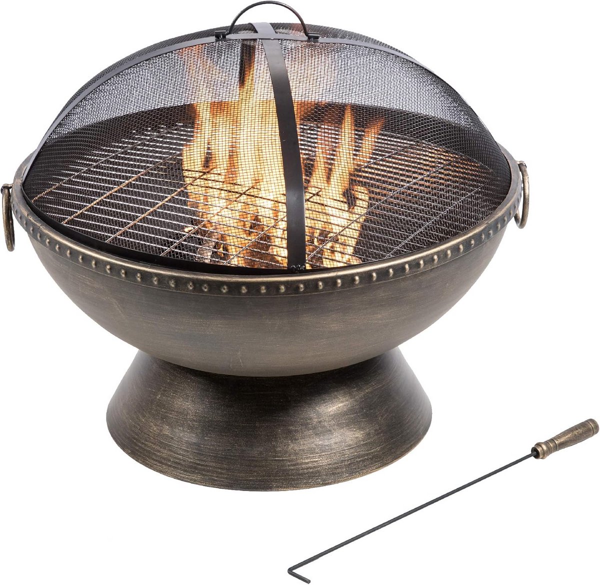 Ronde Metalen Vuurkorf Buiten met BBQ Grill, Pook en Deksel