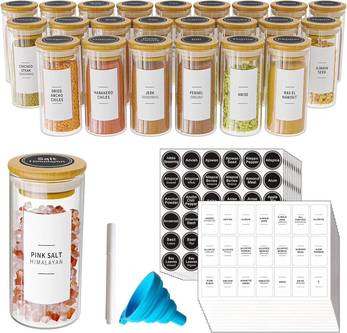 SpaceAid 24 Stuks Glas Kruidenpotten 118ml met Bamboe Deksels & Labels - Minimalistische Boerderijstijl + Trechter - Kruidenopbergers voor Kruidenrek, Kast of Ladekast