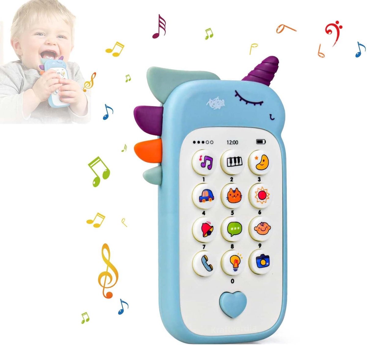 Kraftverdia - Eenhoorn telefoon - Baby speelgoed - Baby Telefoon - Educatief Speelgoed - Educatief Babyspeelgoed - Interactief Mobieltje - Baby cadeau - Blauw - Vanaf 2 Jaar