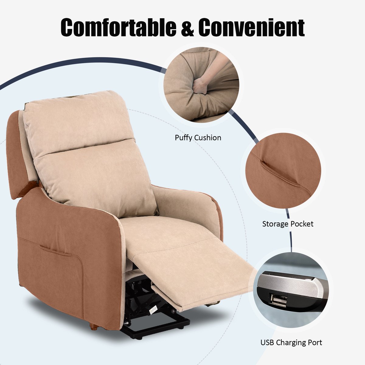 COMHOMA - Elektrische Massagestoel - Met Power Lift en USB - Beige Stof