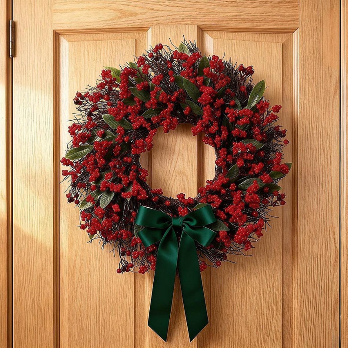 Ronde Krans - Kerstkrans - Rode bessenkrans - Rood - Versierd met rode bessen, handgemaakte dennentakken en cipressenbladeren - 45 cm - Kunstmatige kerstkrans - Wandkrans – foto 2