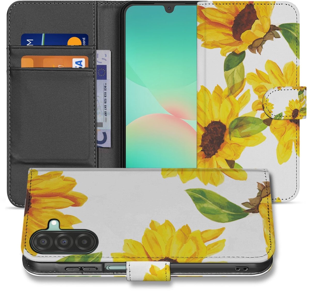 Samsung Galaxy A17 Hoesje Zonnebloemen Wallet PU Leer 3 Pasjes