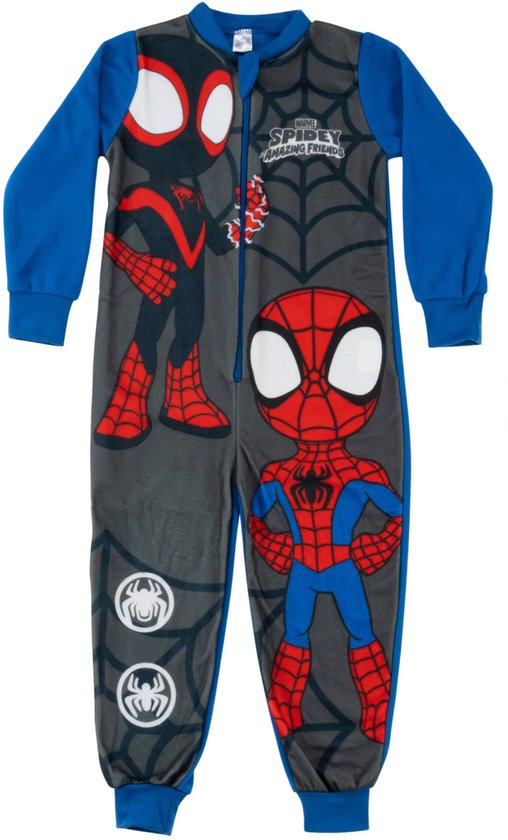 Grijze Spider-Man onesie met blauwe mouwen en rode details. Met afbeeldingen van Spider-Man en spinnenwebben.