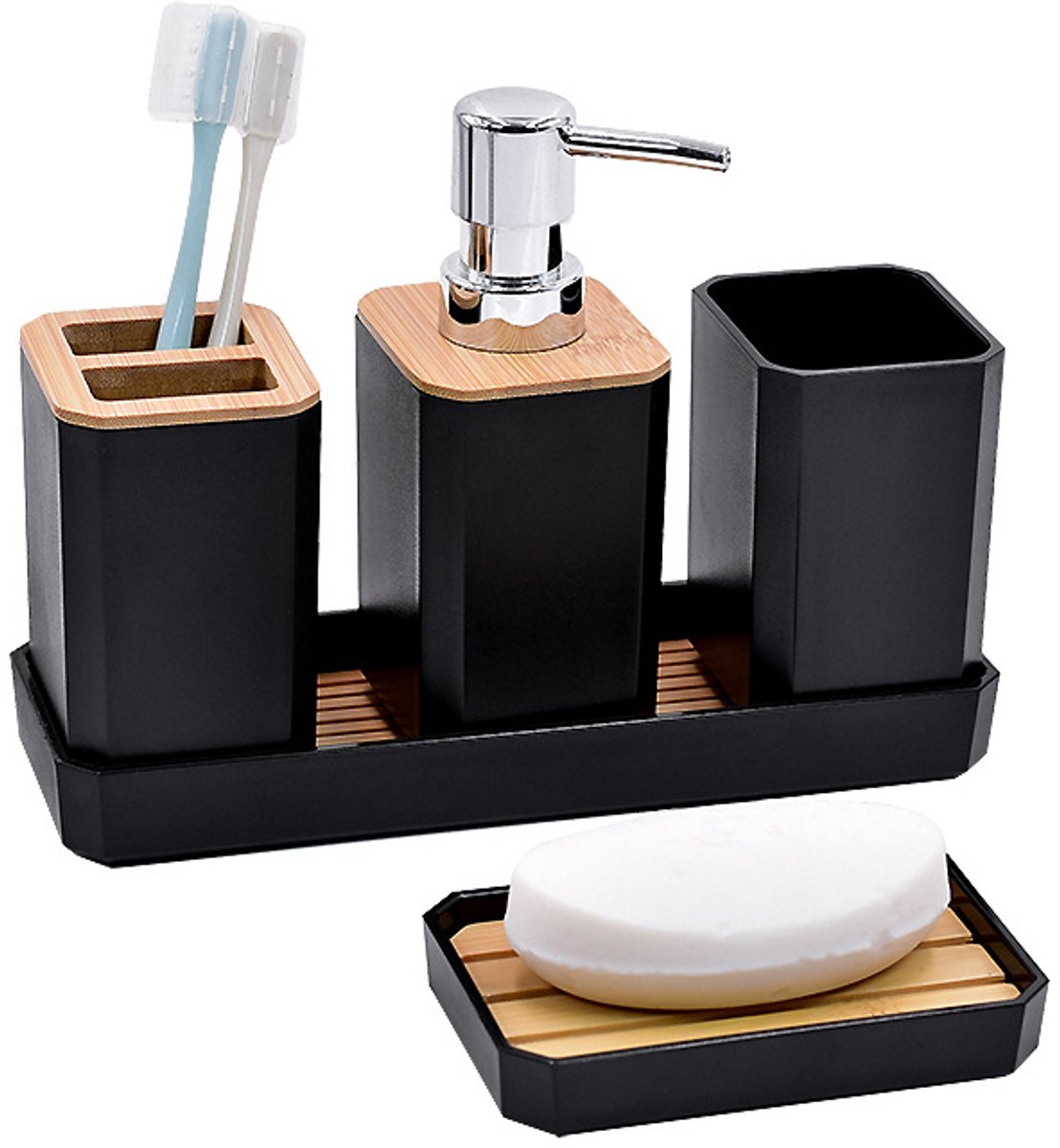longziming -Multifunctionele Badkameraccessoires Set – 5-delig – Badkameropslag En -organisatie – Zeeppomp, Tandenborstelhouder, Beker, Zeepschaal en Make-up Tray – Elegant en Modern Ontwerp – Perfect Geschenk