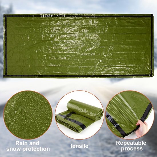 Noodslaapzak - 2 Stuks - Groente - Met fluitje en opbergtas - 210*90cm - PE scheurbestendig - Nooddeken - Waterdichte Overlevingsdeken - Overlevingsuitrusting - Reddingsdeken - Isolatiedeken - Voor Kamperen Wandelen Openlucht Avontuurlijke van Merkloos — afbeelding 3