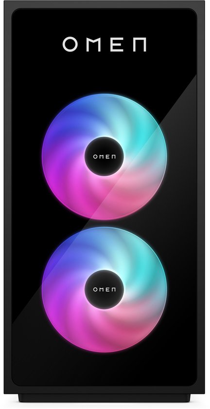 Zwarte OMEN tower pc met twee RGB-ventilatoren op de voorkant. Het OMEN-logo staat boven de ventilatoren.