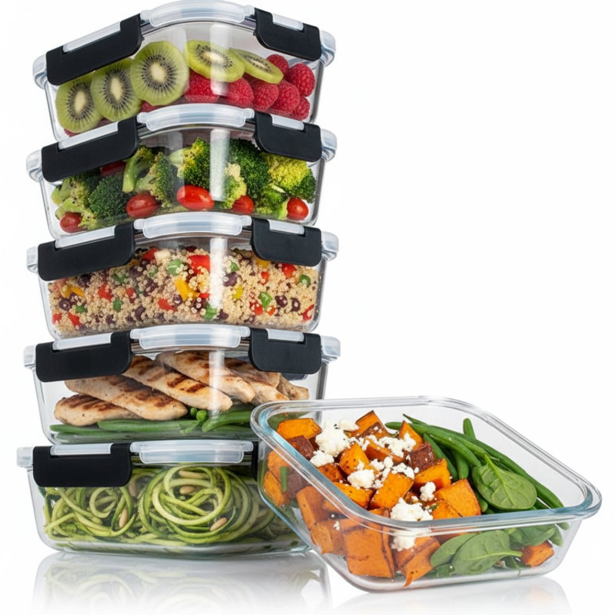 Organess Meal prep bakjes - Vershoudbakjes - Diepvriesbakjes- Tupperware - 6 Stuks - 6x1040ML - BPA vrij - Glas - BPA vrije deksel