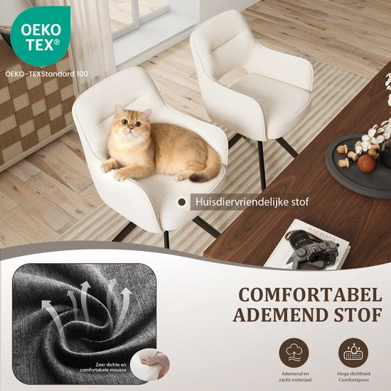 Beige stoffen stoel met armleuningen, zacht en comfortabel. Zwarte draaibasis, met OEKO-TEX keurmerk.