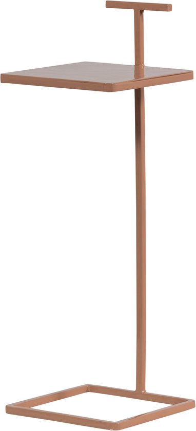 Oud roze bijzettafel met vierkant blad en T-vormige stang, staand op een vierkante voet.