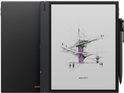 Zwarte BOOX Note Air5 C e-reader met styluspen, display toont een schets van architectuur.