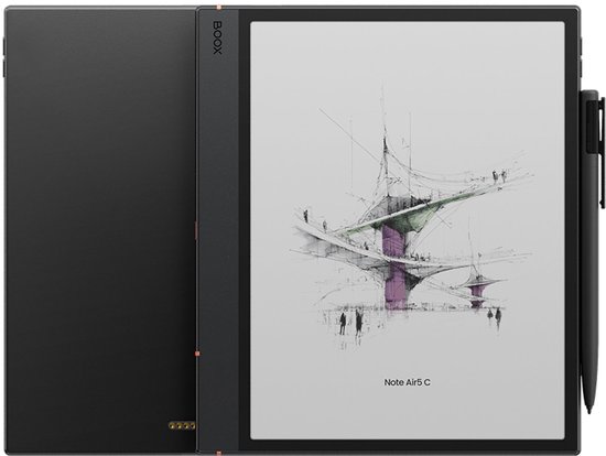 Zwarte BOOX Note Air5 C e-reader met styluspen, display toont een schets van architectuur.