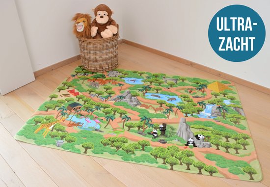 Zachte, langwerpige speelmat met jungle thema: bomen, dieren en waterval.