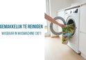 Een hand plaatst een speelmat in een wasmachine. Tekst 'Gemakkelijk te reinigen', 'Wasbaar in wasmachine'.
