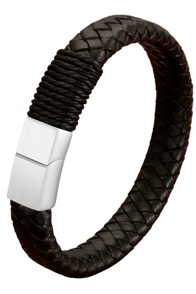 Leren Armband Heren - Gevlochten Zwart Leer - 21 cm - Zilverkleurige RVS Sluiting - Stoere Herenarmband - Luxe Herenarmband - Perfect als Cadeau