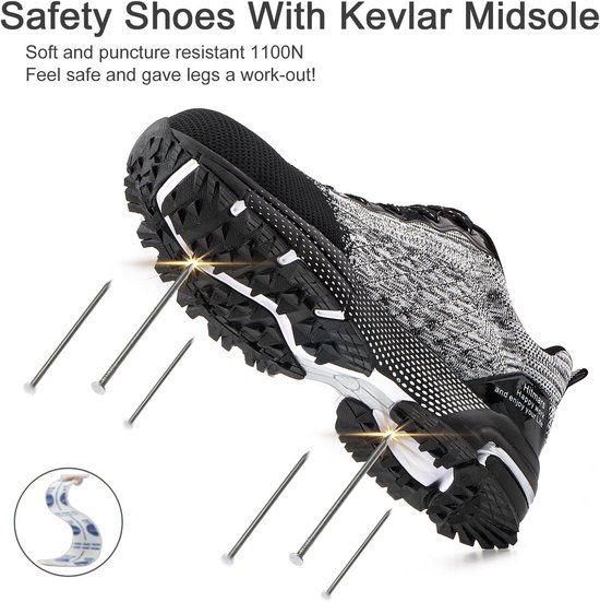 Furuian Veiligheidsschoenen Heren Lichtgewicht Trainers met Stalen Neus voor Heren en Dames Comfortabele Veiligheidsschoenen Luchtkussen Ademende Werk Sneakers, Grijs, 39 EU