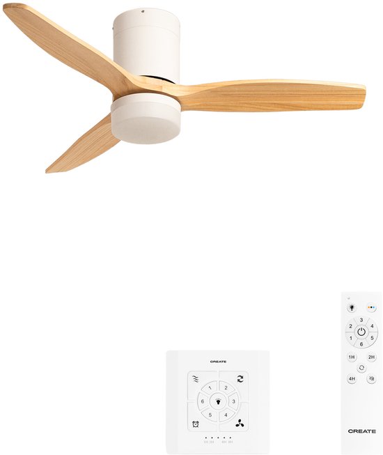 Stille plafondventilator 40W Ø112cm met ABS bladen, zomer/winterfunctie, LED licht, wandbediening, IP44