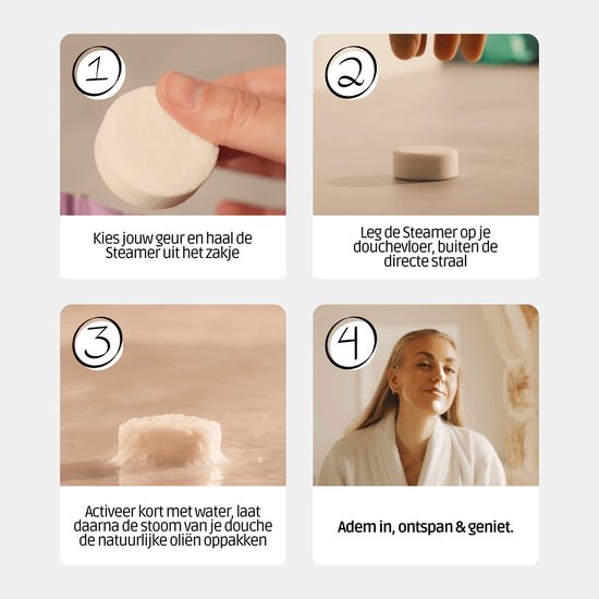 Stappenplan: 1. Kies geur. 2. Plaats op douche vloer. 3. Activeer met water. 4. Adem in en geniet. Vrouw geniet in badjas.