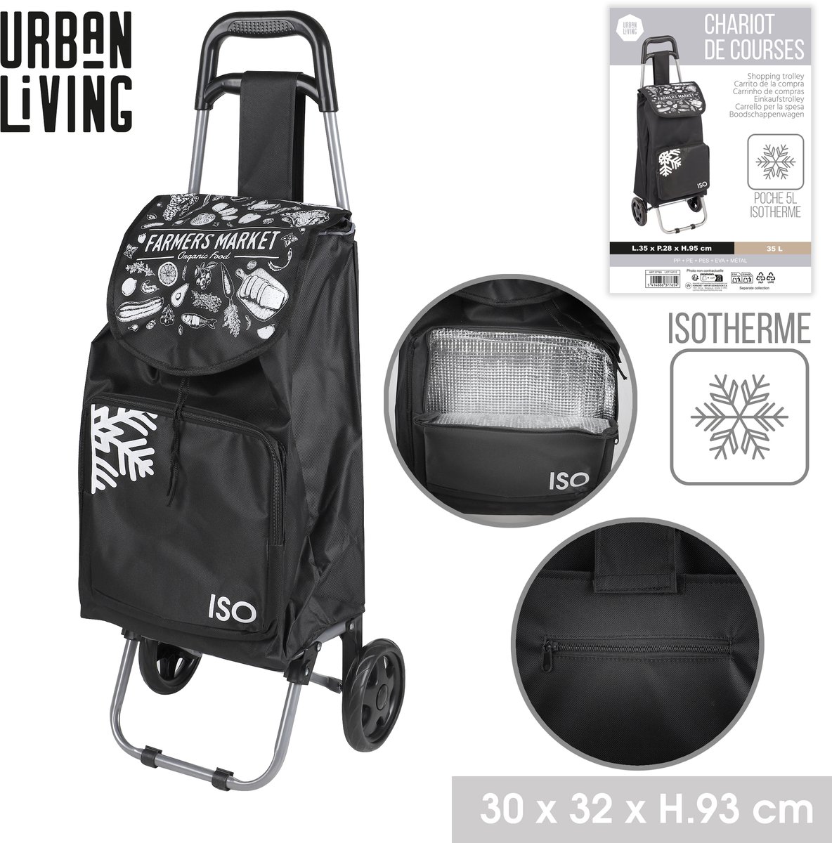 BOODSCHAPPENWAGEN 35L MET 5L ISOTHERME VAK H95CM ZWART