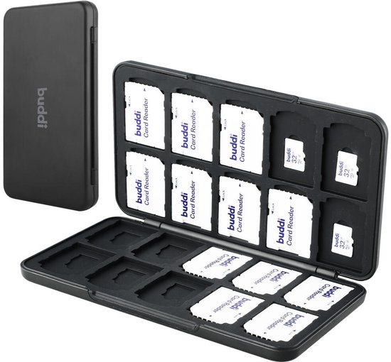 Buddi Sorted - Geheugenkaart Organizer voor 20 SD Kaarten & 20 Micro SD Kaarten - Memory Card Case - TF Kaart Opslag Doosje - Zwart