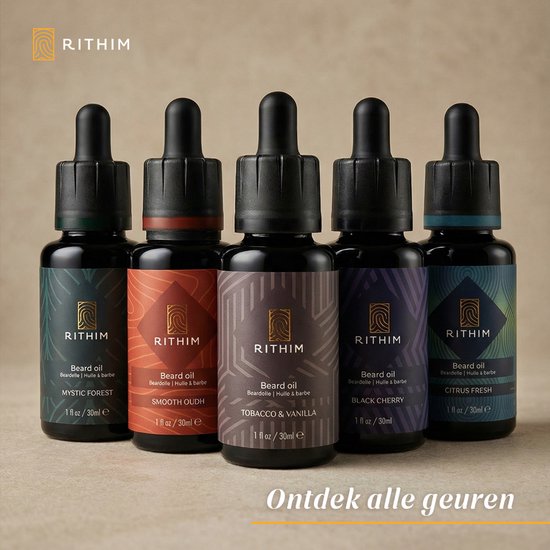 Vijf flesjes Rithim baardolie met verschillende gekleurde labels: Mystic Forest, Smooth Oudh, Tobacco & Vanilla, Black Cherry, Citrus Fresh.