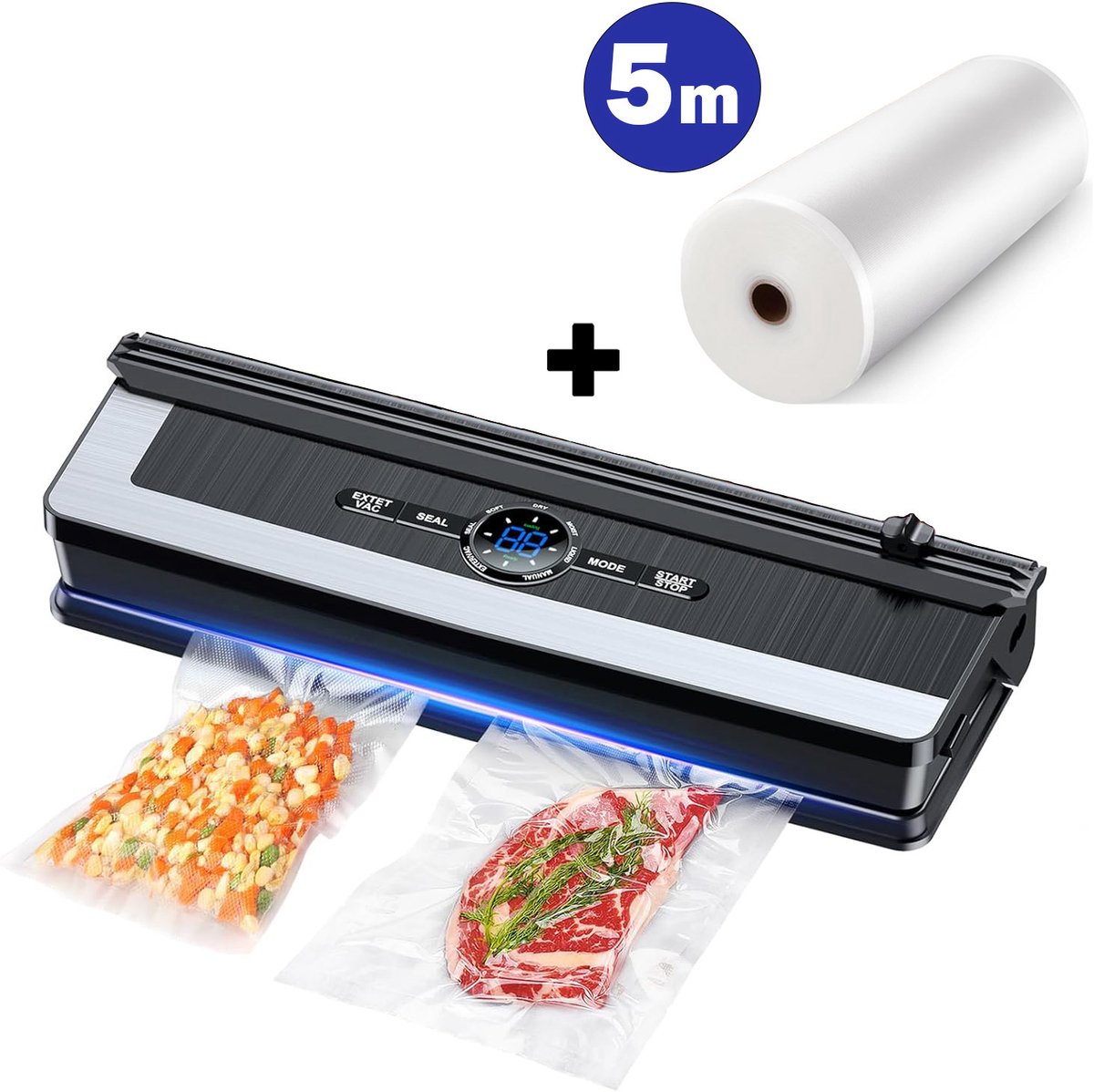 Rivv Vacumeermachine met Ingebouwde Snijder - 7 Standen - Vacuümmachine - Vacuümsealer - Seal Apparaat - Incl. 5 Vacuumzakken - Incl. 5m Vacuumrol
